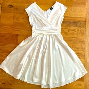 Ivory satin v-neck shirred waist tea length circle skirt wedding dress